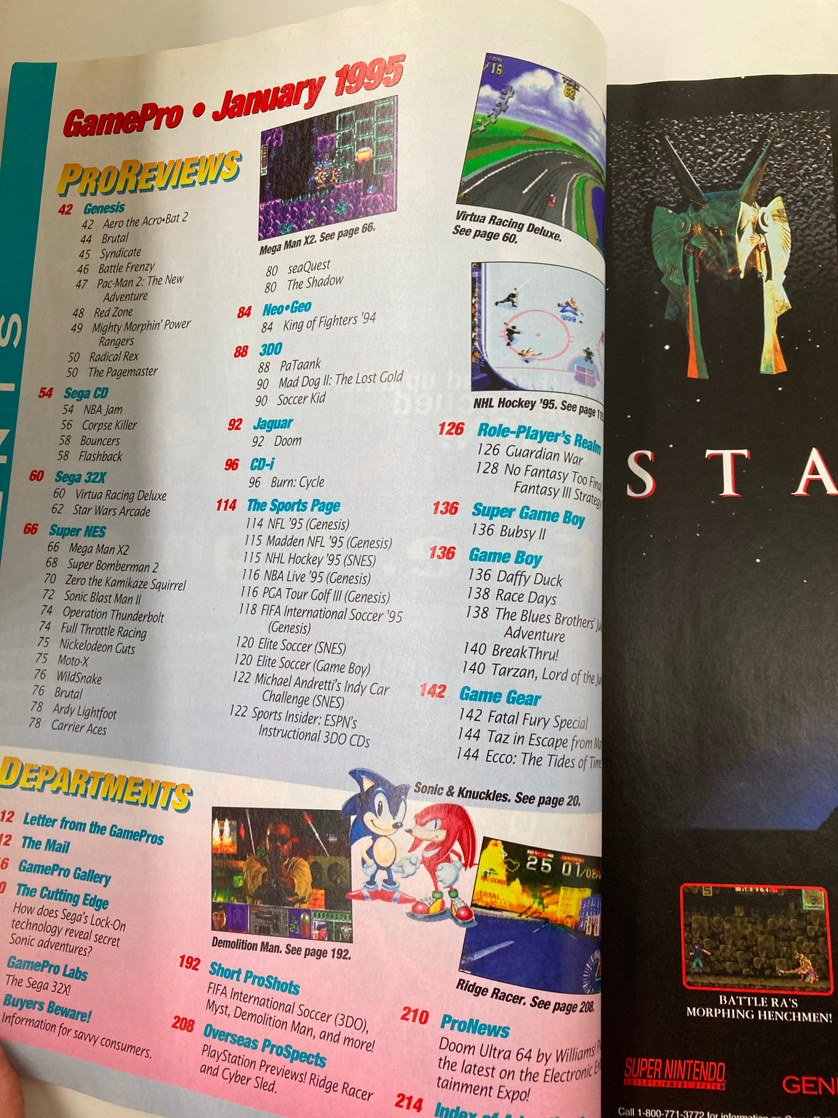 GamePro Magazine January 1995 review section with pro reviews for various video games including Genesis and Neo-Geo titles.