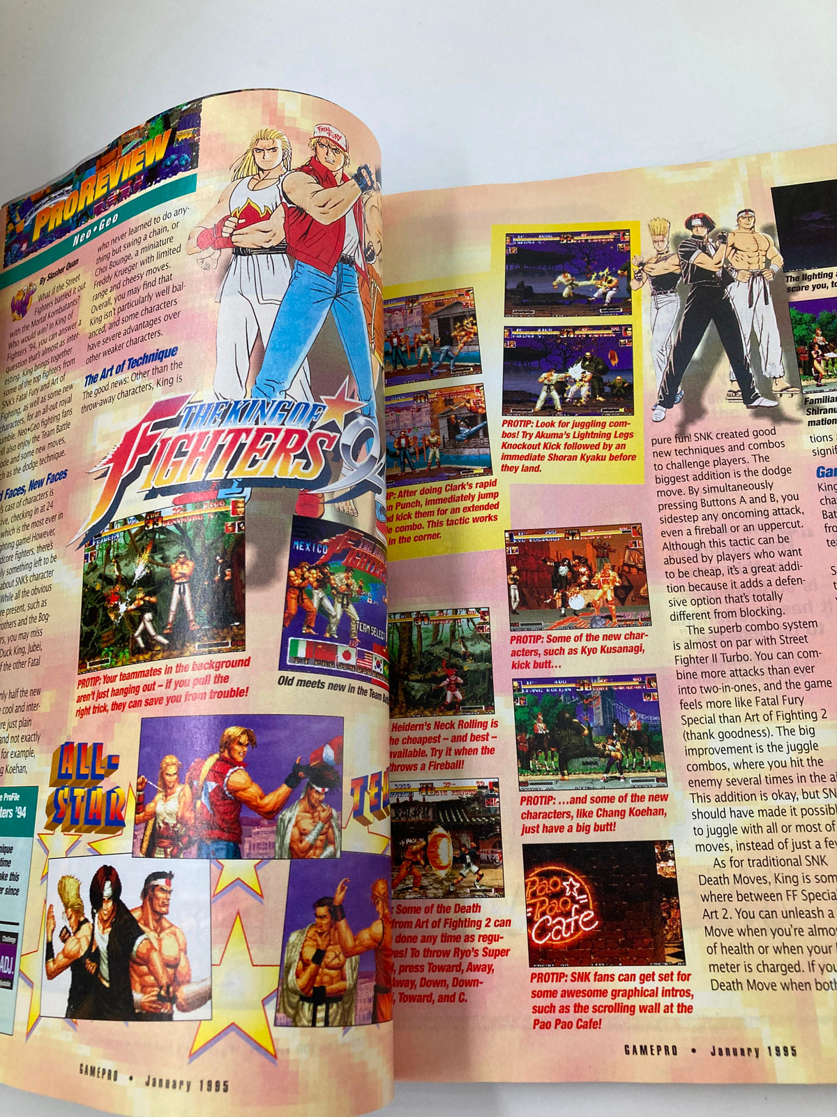 An article spread in GamePro Magazine January 1995 detailing SNK's The King of Fighters 94, featuring game characters and strategies.