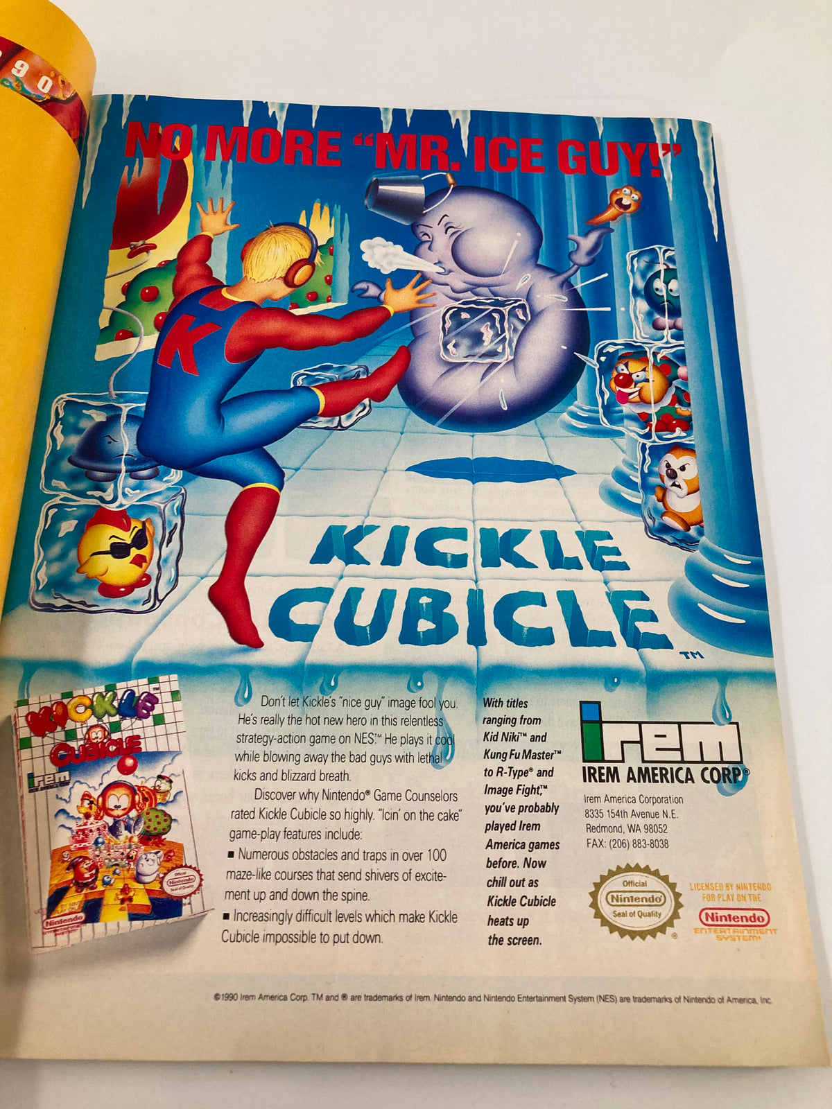 GamePro Magazine October 1990 featuring a colorful advertisement for the game Kickle Cubicle, showcasing a character kicking an ice monster.