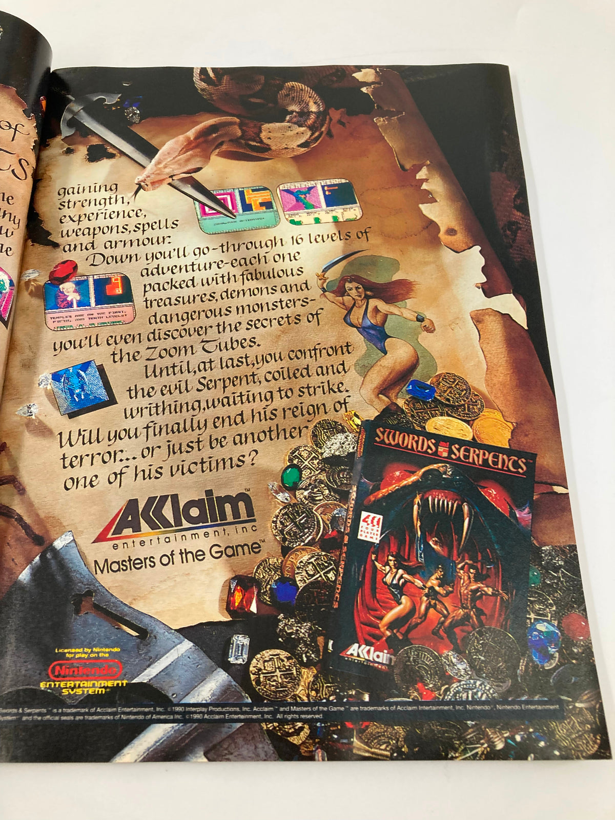 GamePro Magazine October 1990 highlighting the game Swords and Serpents, with a captivating illustration of adventure and treasures.