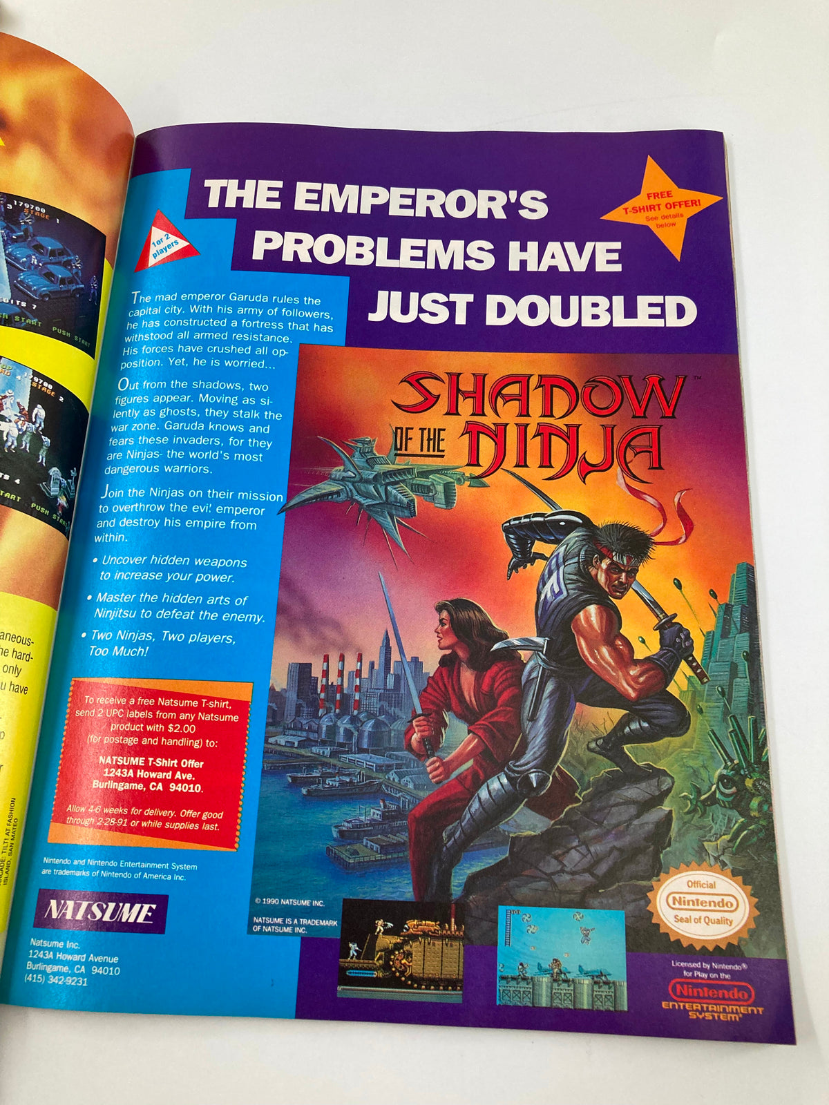 GamePro Magazine October 1990 highlighting the game Shadow of the Ninja, depicting two ninjas against a futuristic backdrop.