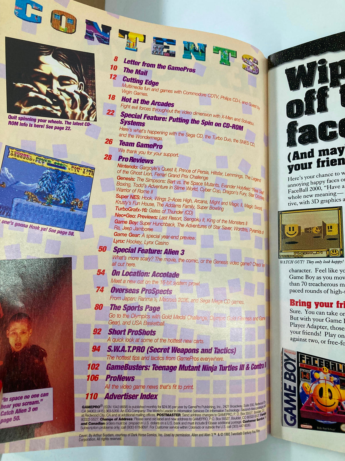 GamePro Magazine July 1992 contents page listing articles on Alien 3, arcade features, and video game reviews.