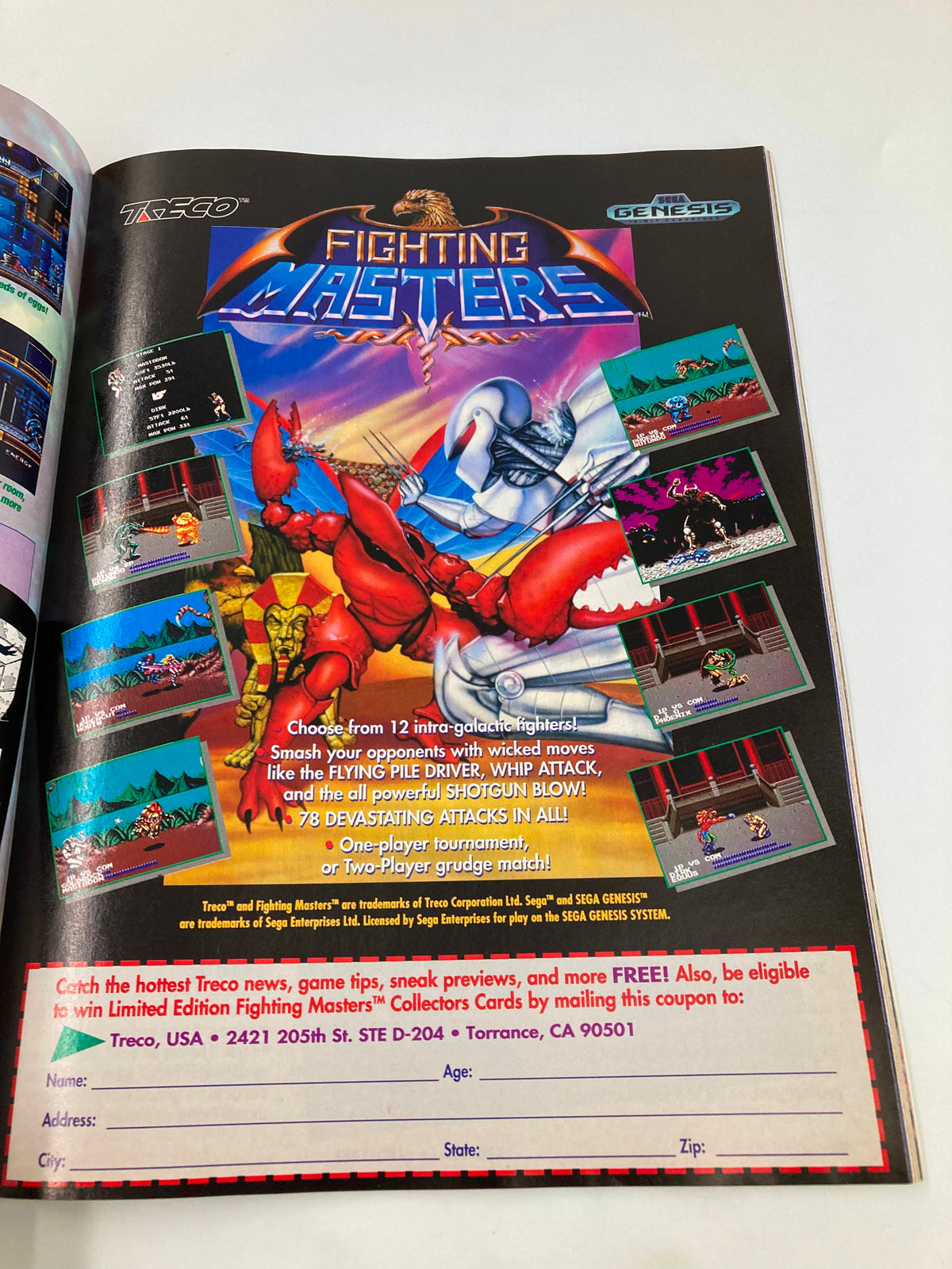 Page from GamePro Magazine July 1992 featuring an advertisement for the video game Fighting Masters, showcasing vivid art and game features.