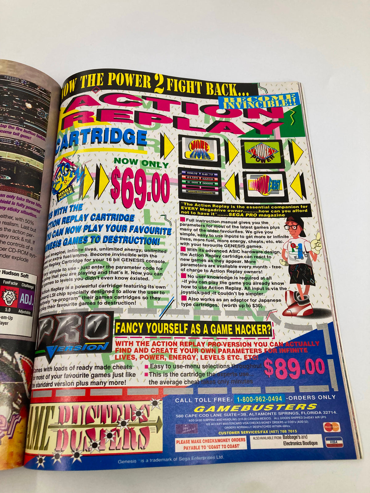 Page from GamePro Magazine July 1992 displaying an advertisement for the Action Replay cartridge, highlighting its pricing and features for gamers.