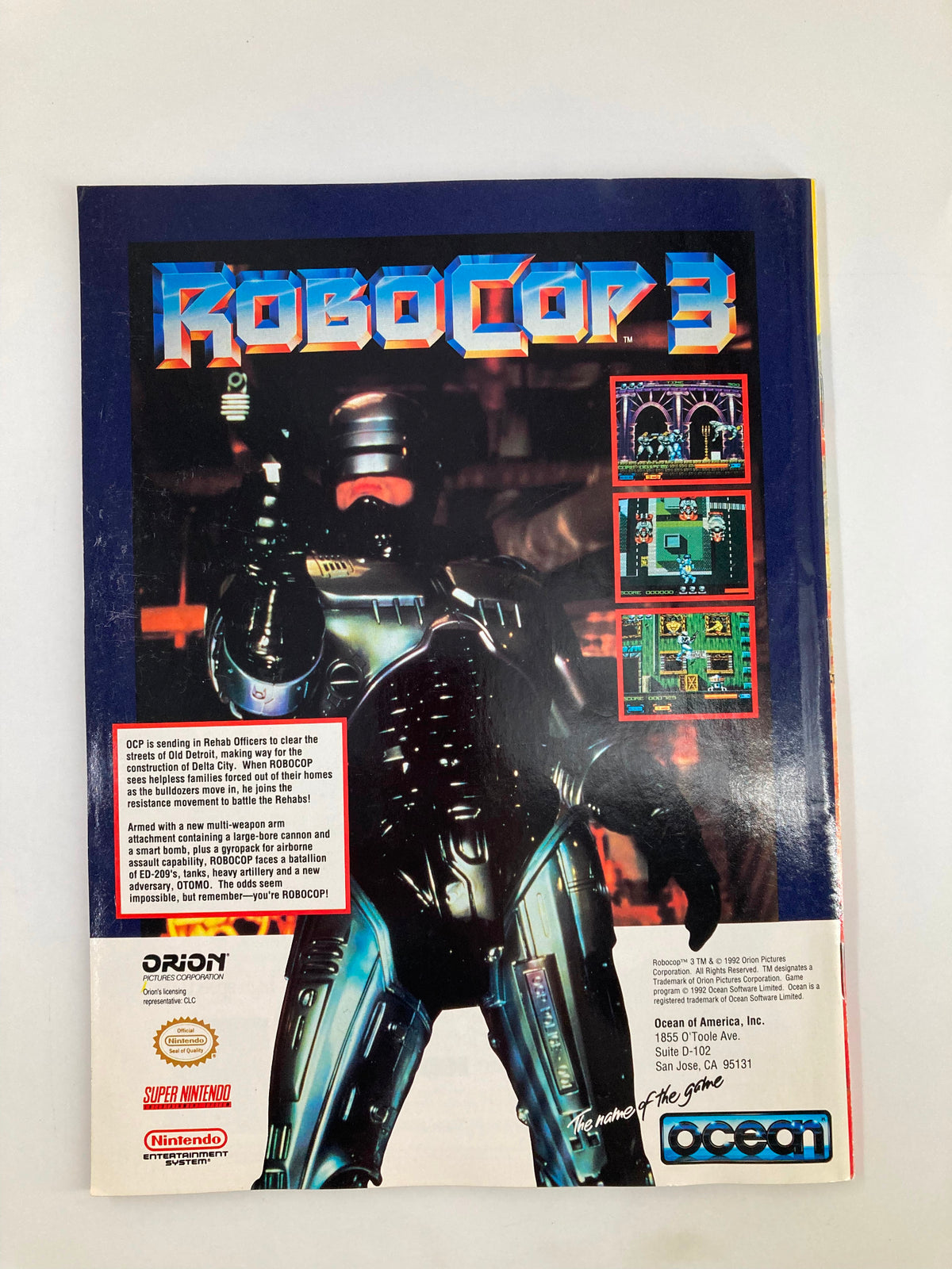 Back cover of GamePro Magazine July 1992 featuring an advertisement for RoboCop 3, with images from the game and a compelling description.