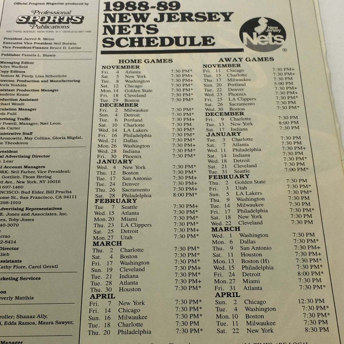 1988-89 New Jersey Nets schedule from Hoop NBA Magazine, detailing game dates and times.