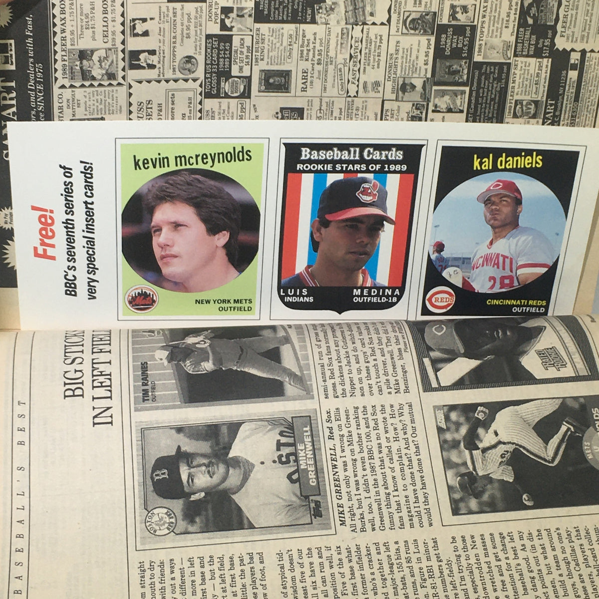 Inside view of Baseball Cards Magazine: July 1989 displaying various player cards including Kevin McReynolds, Luis Medina, and Kal Daniels.