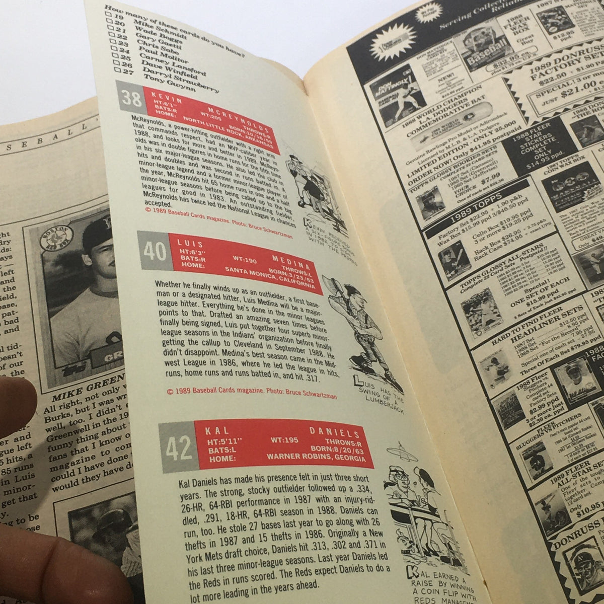 Interior page of Baseball Cards Magazine: July 1989 highlighting player statistics and information for Kevin McReynolds, Luis Medina, and Kal Daniels.