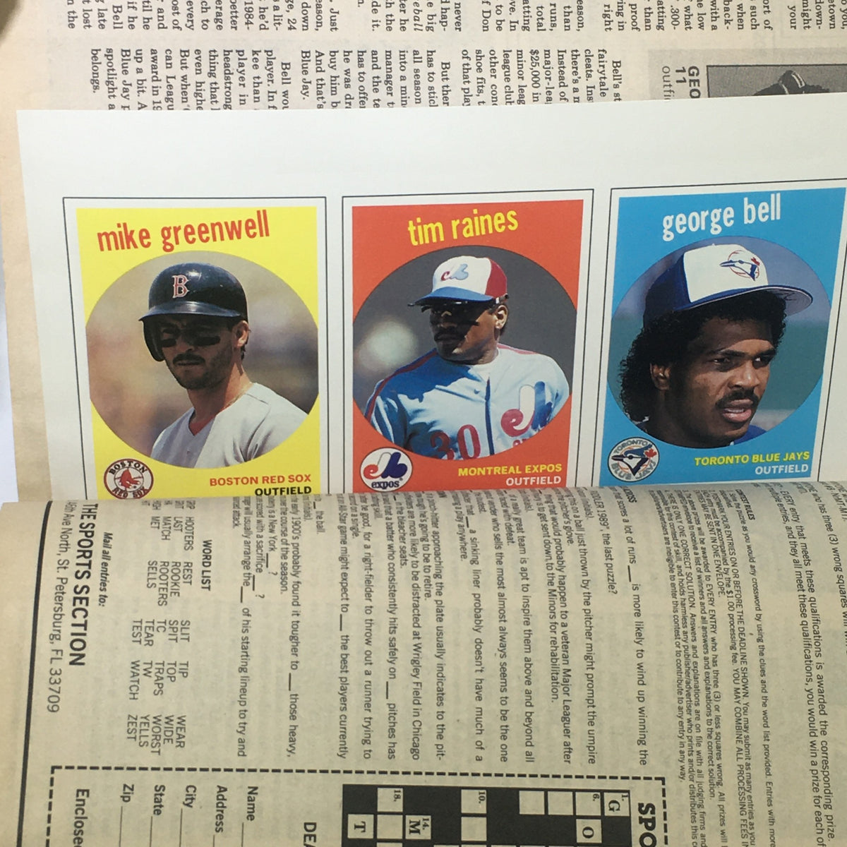 Image from Baseball Cards Magazine: July 1989 featuring player cards of Mike Greenwell (Boston Red Sox), Tim Raines (Montreal Expos), and George Bell (Toronto Blue Jays). This image showcases baseball player statistics and checklists.