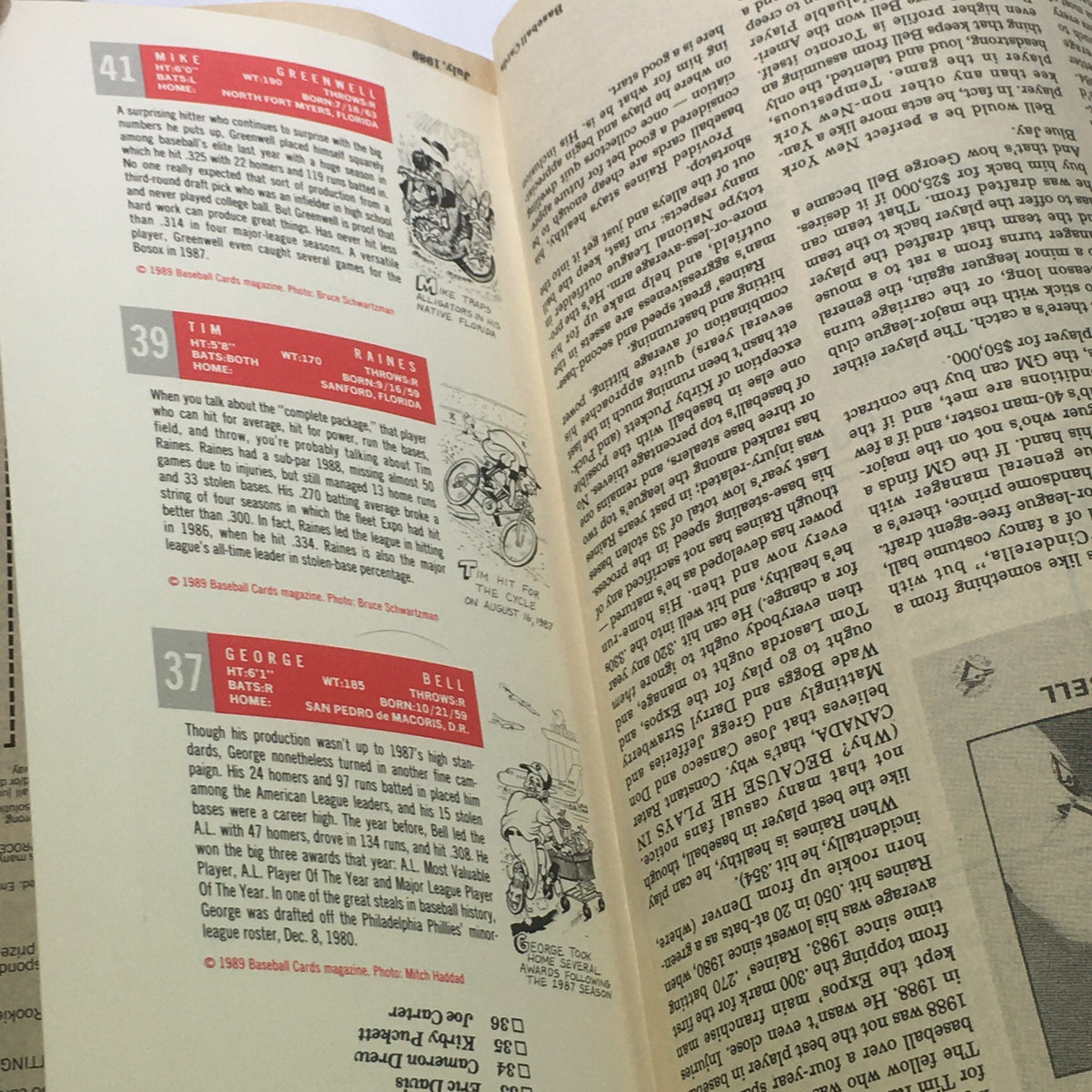 Inside page of Baseball Cards Magazine: July 1989 displaying player profiles and statistics for Mike Greenwell, Tim Raines, and George Bell, including career highlights and summary info.