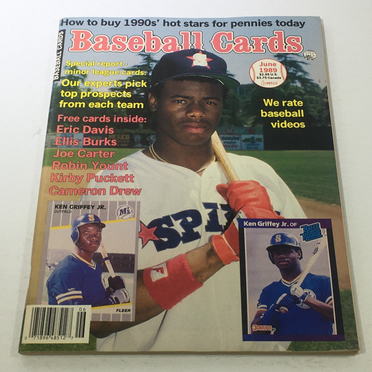 Cover of the Baseball Cards Magazine: June 1989 featuring Seattle Mariners' Ken Griffey Jr., showcasing collectible baseball cards and advertising minor league players.