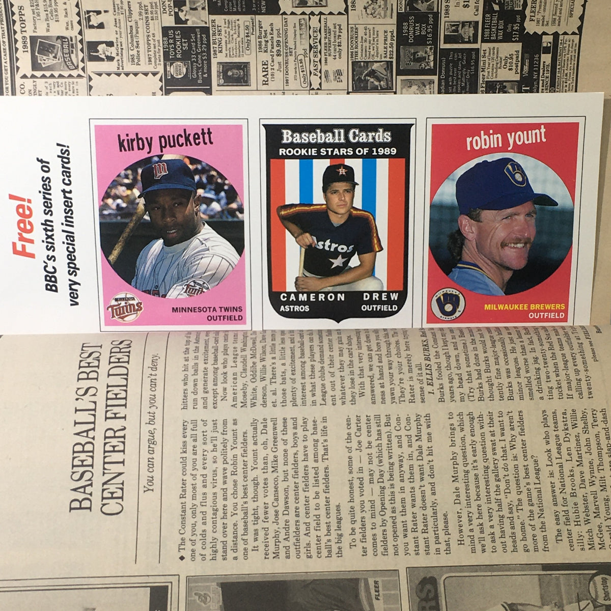 Inside page of the Baseball Cards Magazine: June 1989 displaying baseball cards of Kirby Puckett, Cameron Drew, and Robin Yount, emphasizing rookie stars from 1989.