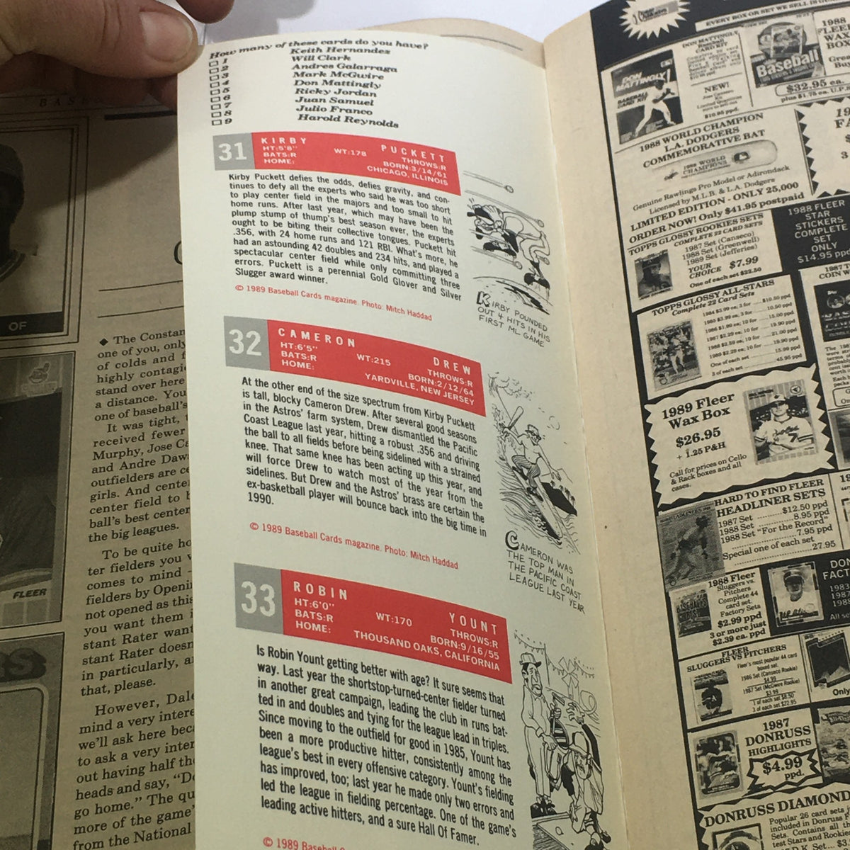 Another inside page of the Baseball Cards Magazine: June 1989 listing profiles of Kirby Puckett, Cameron Drew, and Robin Yount with statistics and illustrations, reflecting on baseball talent.