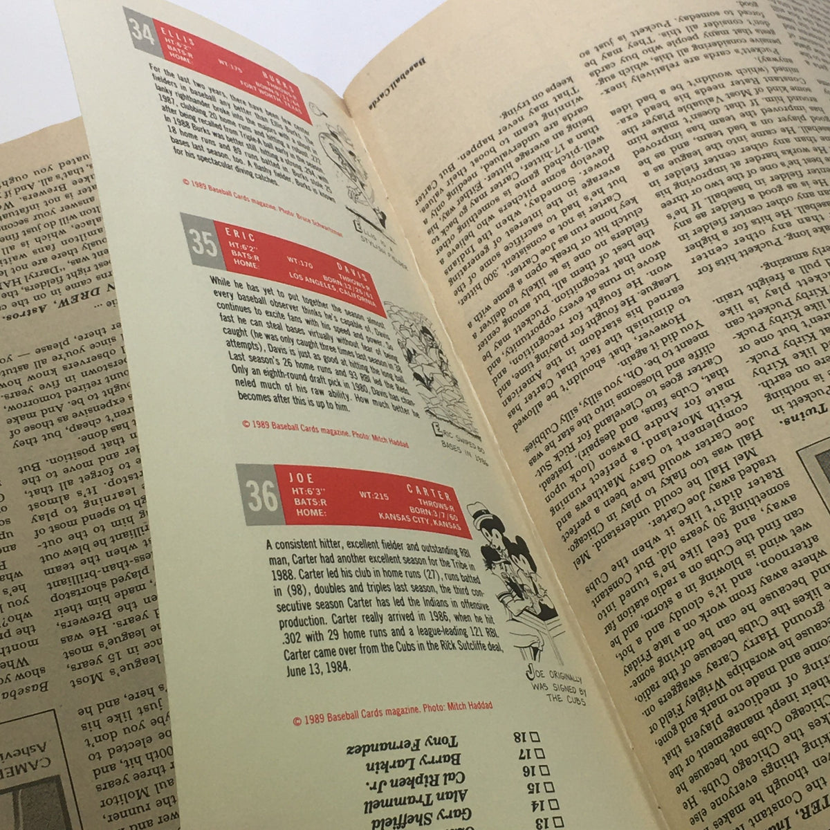 Detailed page from the Baseball Cards Magazine: June 1989 with player statistics and profiles for Ellis Burks, Eric Davis, and Joe Carter.