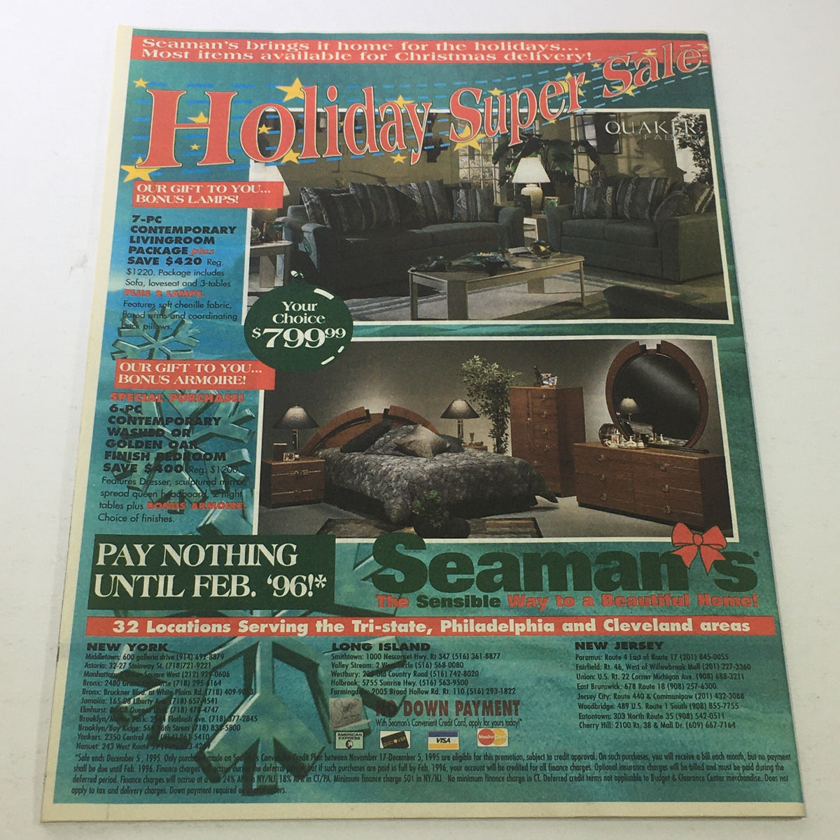 Holiday advertisement from Daily News Magazine, featuring Seaman's furniture sale with Christmas promo details.