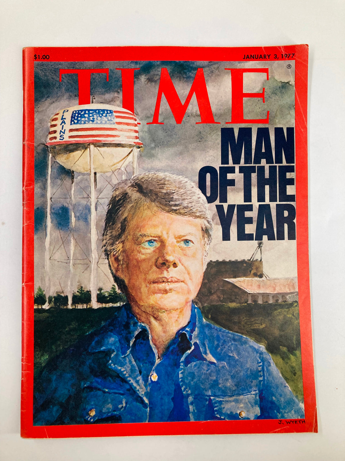 Vintage Time Magazine January 3 1977 featuring Jimmy Carter as Man of the Year, showcasing a prominent cover portrait with an American water tower in the background.