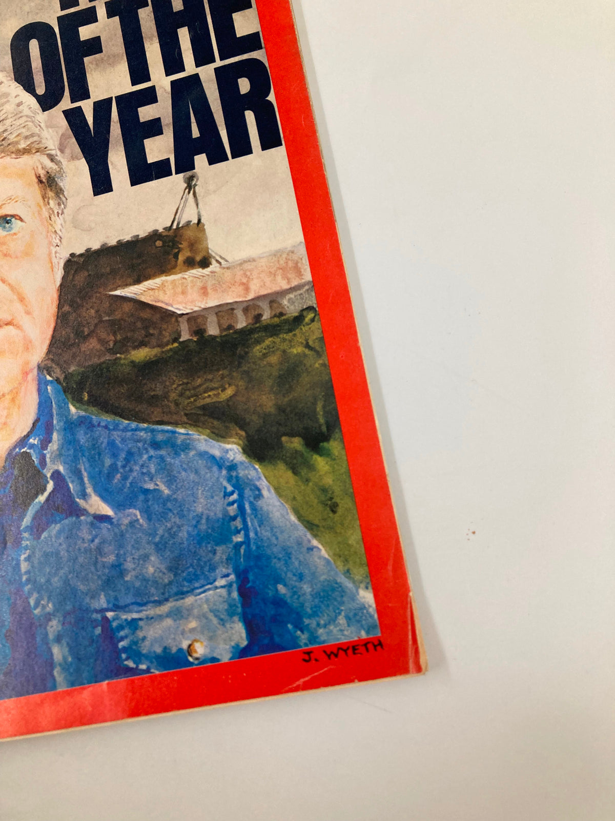 Close-up of the Vintage Time Magazine January 3 1977 cover with the title 'Man of the Year' and artist signature J. Wyeth, highlighting Jimmy Carter.