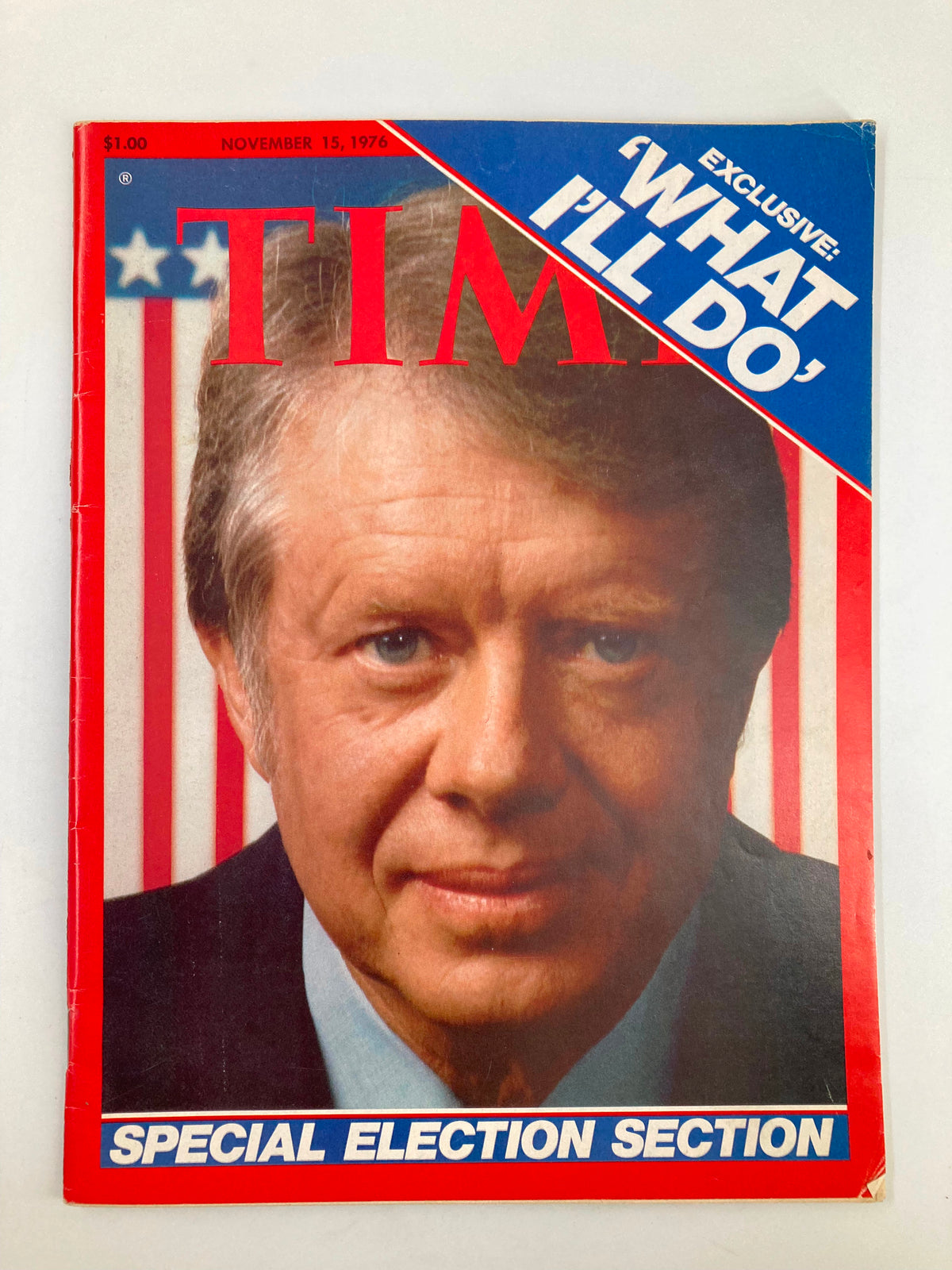 Vintage Time Magazine Cover featuring Jimmy Carter from November 15, 1976, with the title 'What I'll Do.' Highlights political history and the special election section.