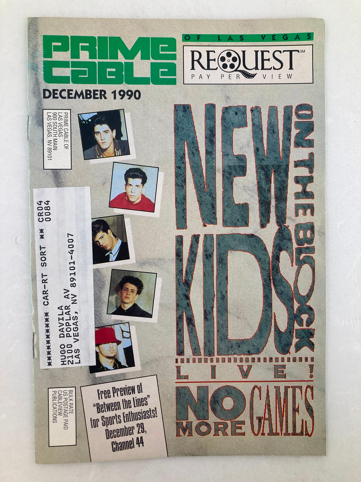 Cover of Prime Cable Magazine December 1990 featuring New Kids On The Block with the title 'No More Games', showcasing a vintage design and nostalgic pop culture imagery.