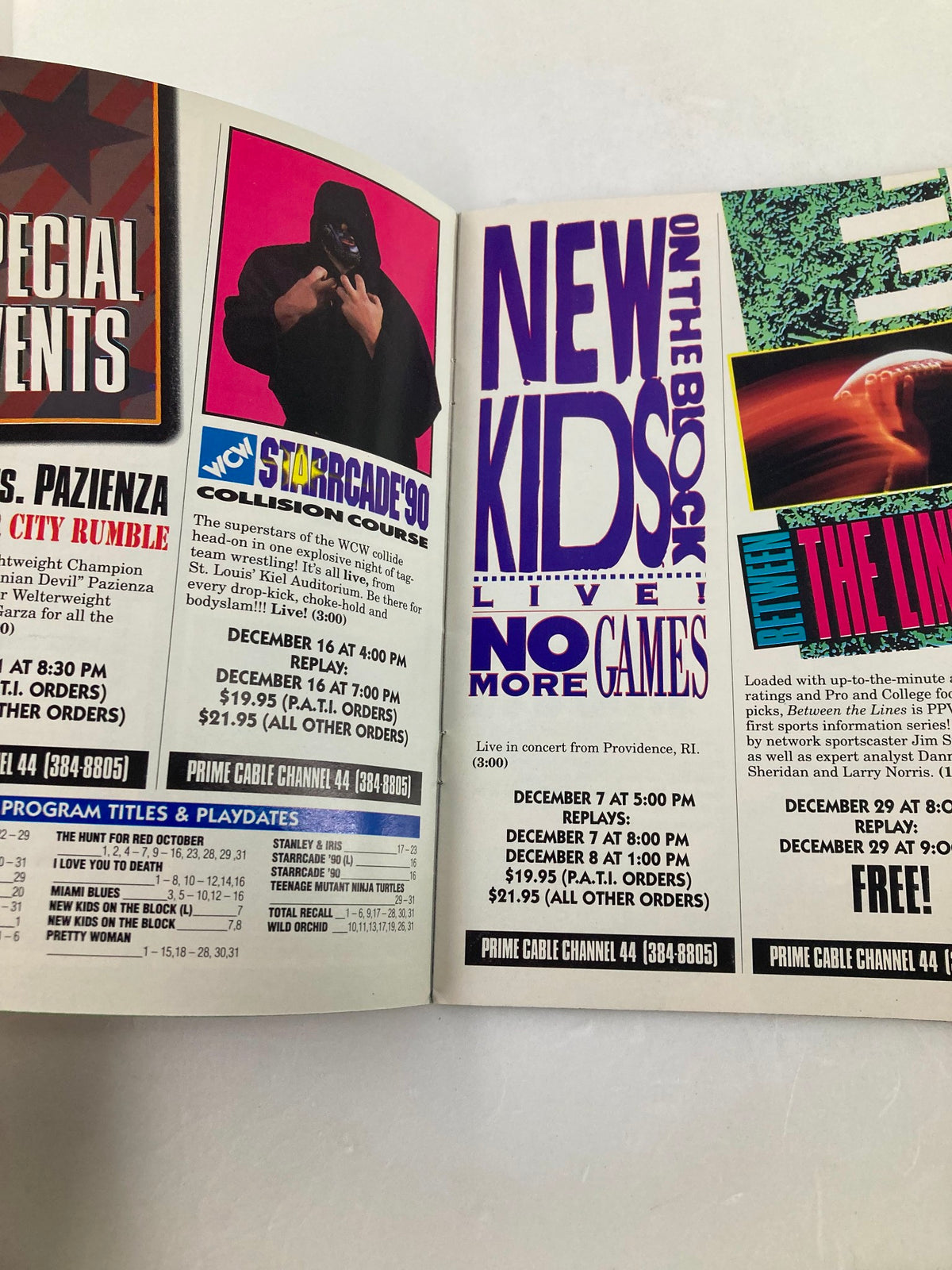 Interior page of Prime Cable Magazine December 1990 highlighting New Kids On The Block along with program listings and promotions, reflecting early '90s entertainment culture.