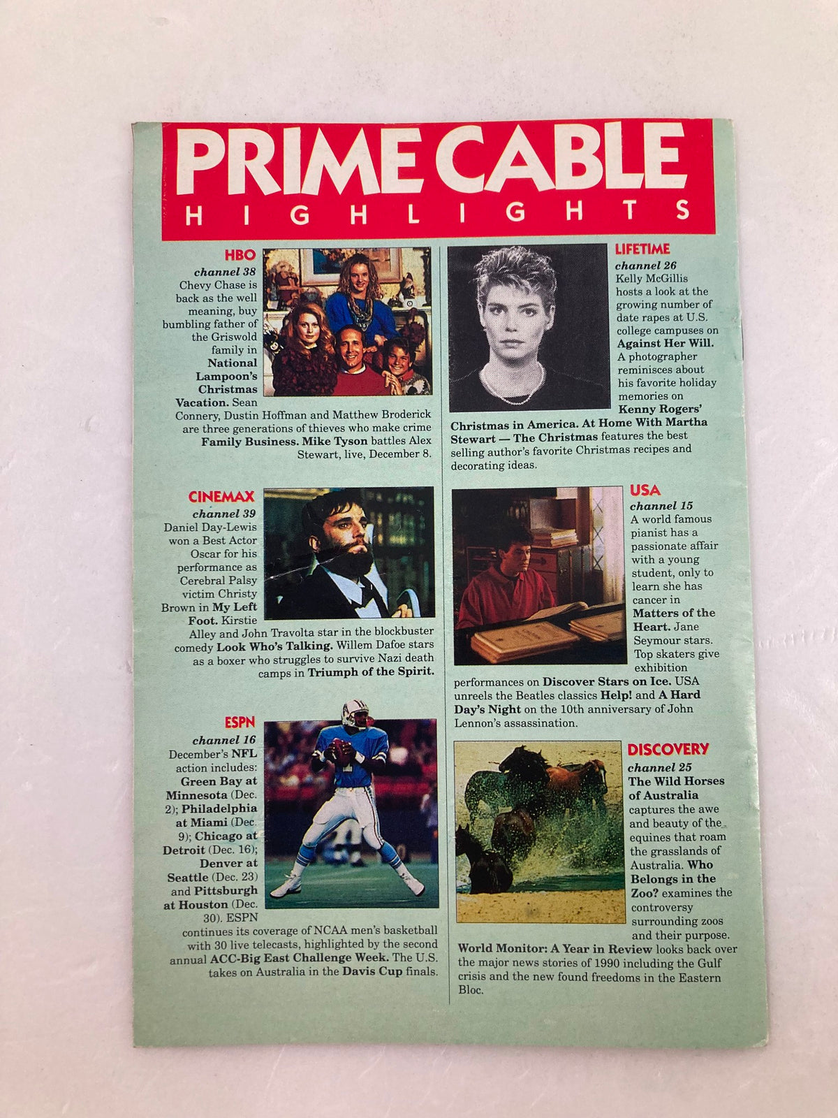 Prime Cable Magazine December 1990 highlights page showcasing cable channel programming including HBO, Lifetime, and ESPN lineups.