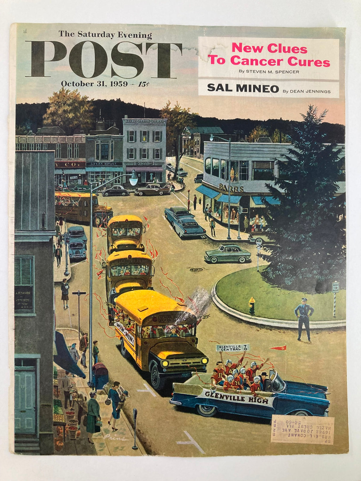 Vintage cover of The Saturday Evening Post from October 31, 1959, displaying 'New Clues To Cancer Cures,' illustrating a festive town parade with school buses and a convertible car in vibrant colors.
