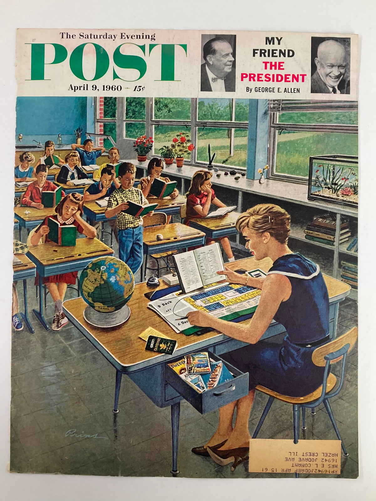 Cover of The Saturday Evening Post, April 9, 1960 featuring Dwight Eisenhower, showcasing an educational setting with engaged students and a teacher managing classroom materials.