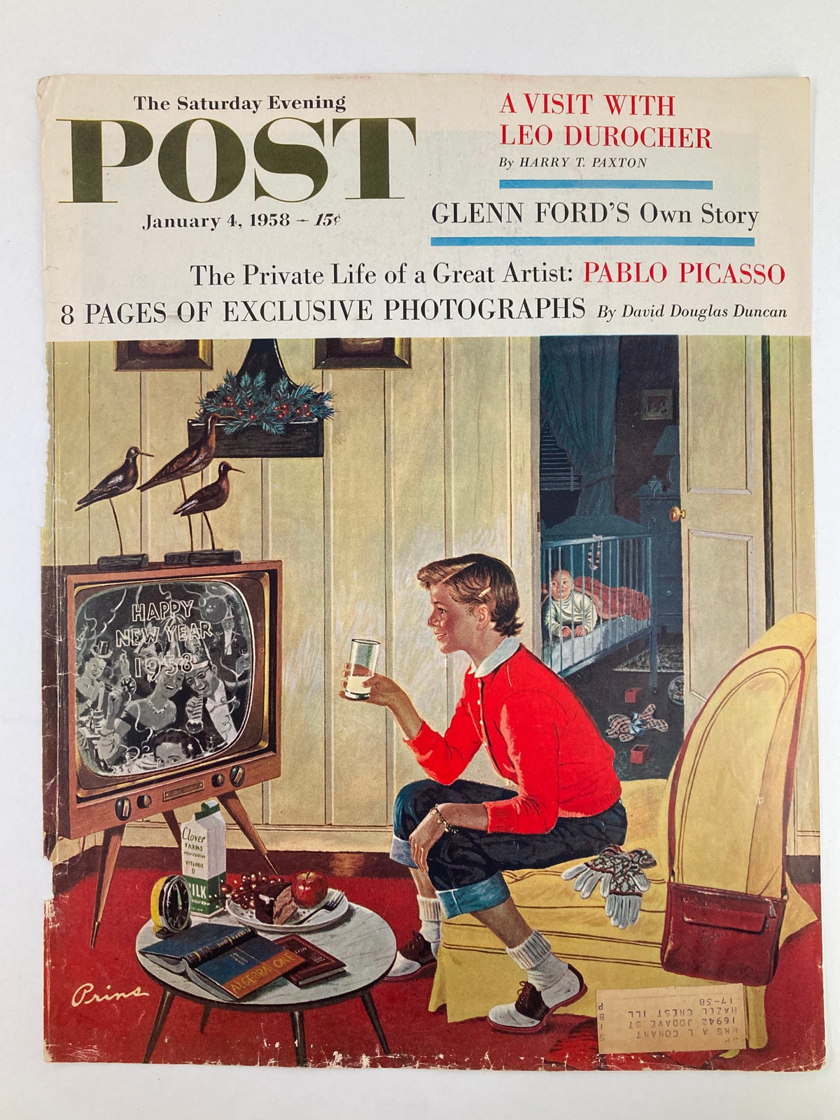 Cover of The Saturday Evening Post dated January 4, 1958 highlighting Glenn Ford's Own Story. The illustration depicts a child in a cozy living room setting, celebrating New Year while watching TV, adorned with nostalgic decor.