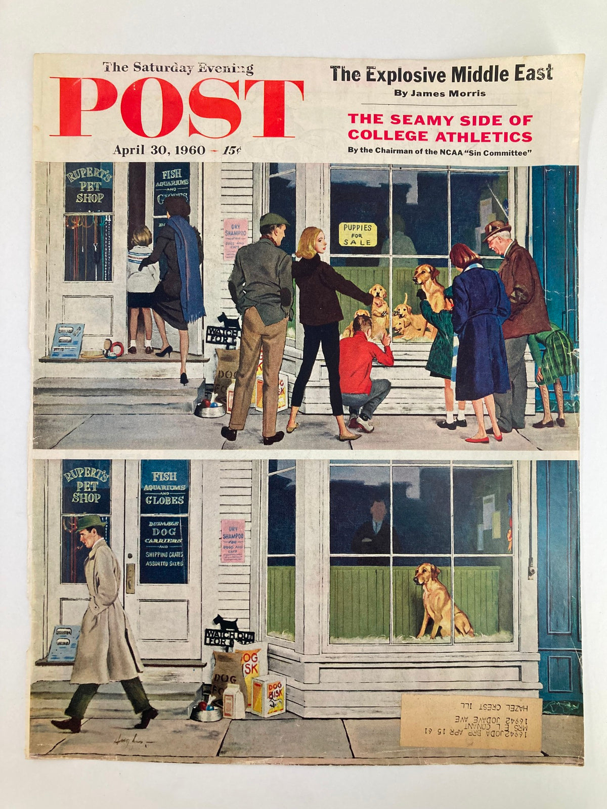 COVER ONLY The Saturday Evening Post April 30 1960 titled 'The Explosive Middle East'. This classic magazine cover illustrates a pet shop scene, highlighting the curiosity of passersby looking at puppies, showcasing vintage charm and cultural history.