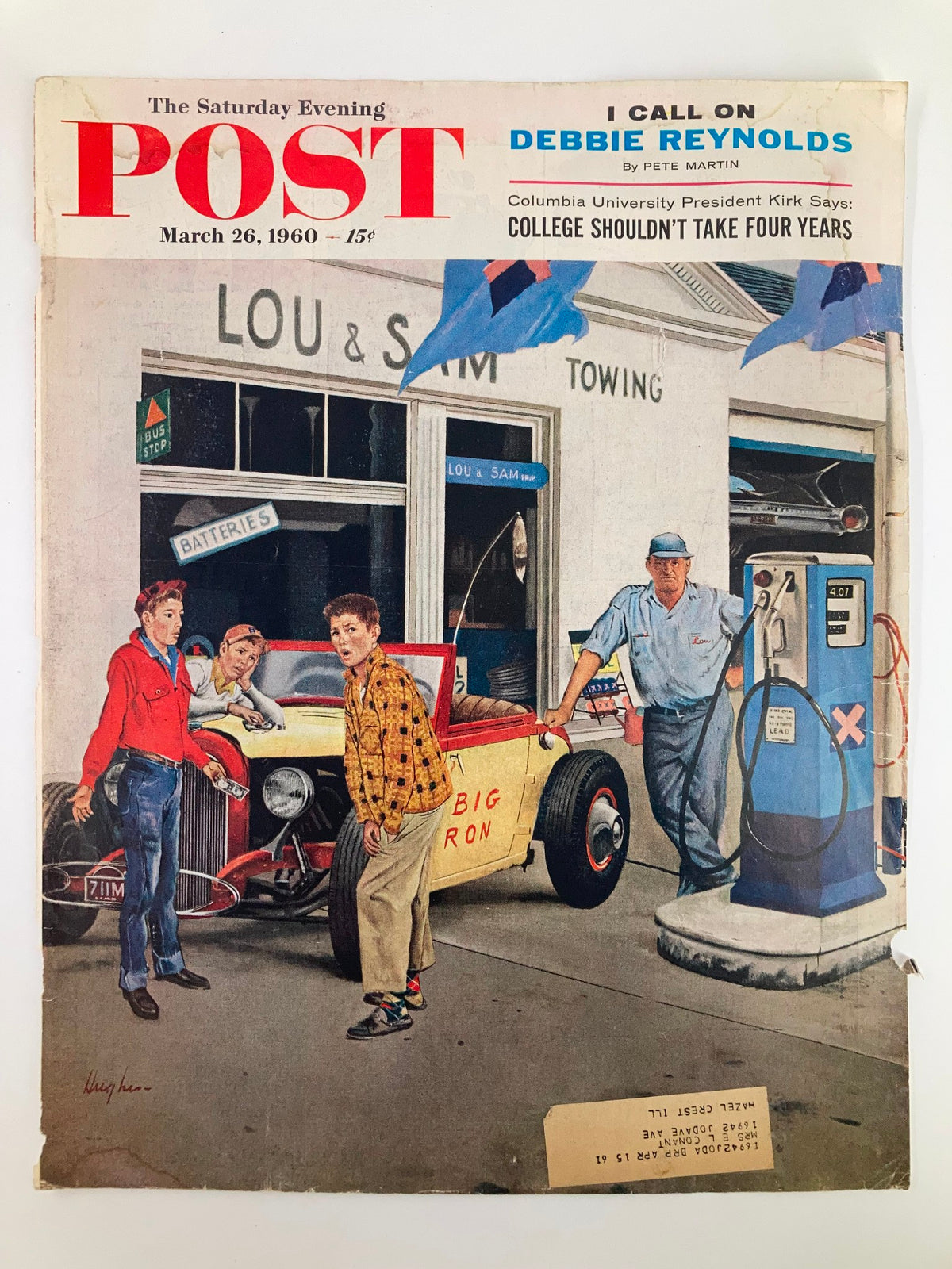 Cover of The Saturday Evening Post showcasing Debbie Reynolds dated March 26, 1960, with a vintage car and graphics symbolizing the era.