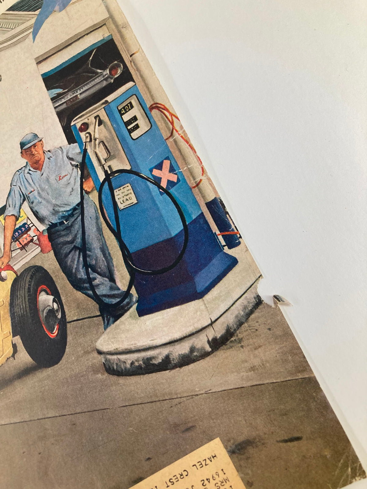 Close-up image of a vintage gas pump featured on the March 26, 1960 cover of The Saturday Evening Post, illustrating a classic auto service setting.