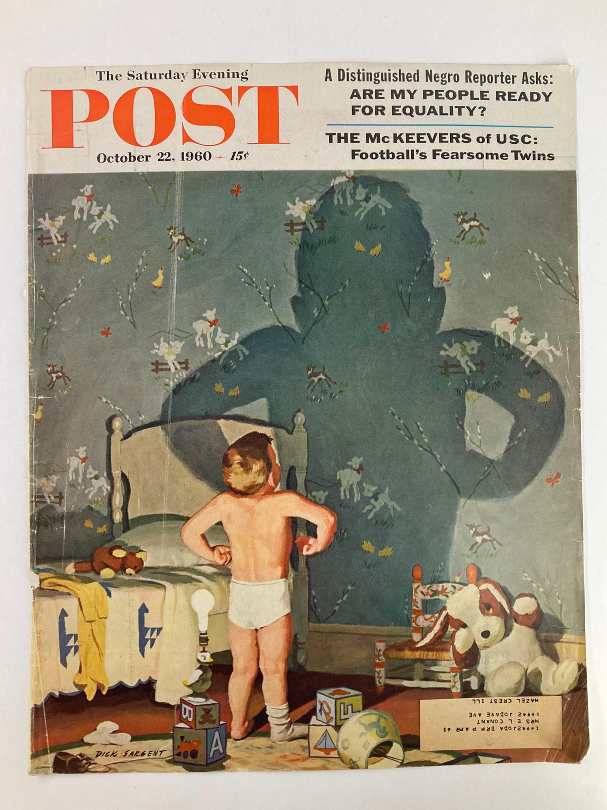COVER ONLY The Saturday Evening Post October 22 1960 depicting The McKeevers of USC, highlighting a vintage illustration of a child in briefs with a nostalgic bedroom scene including plush toys and blocks.