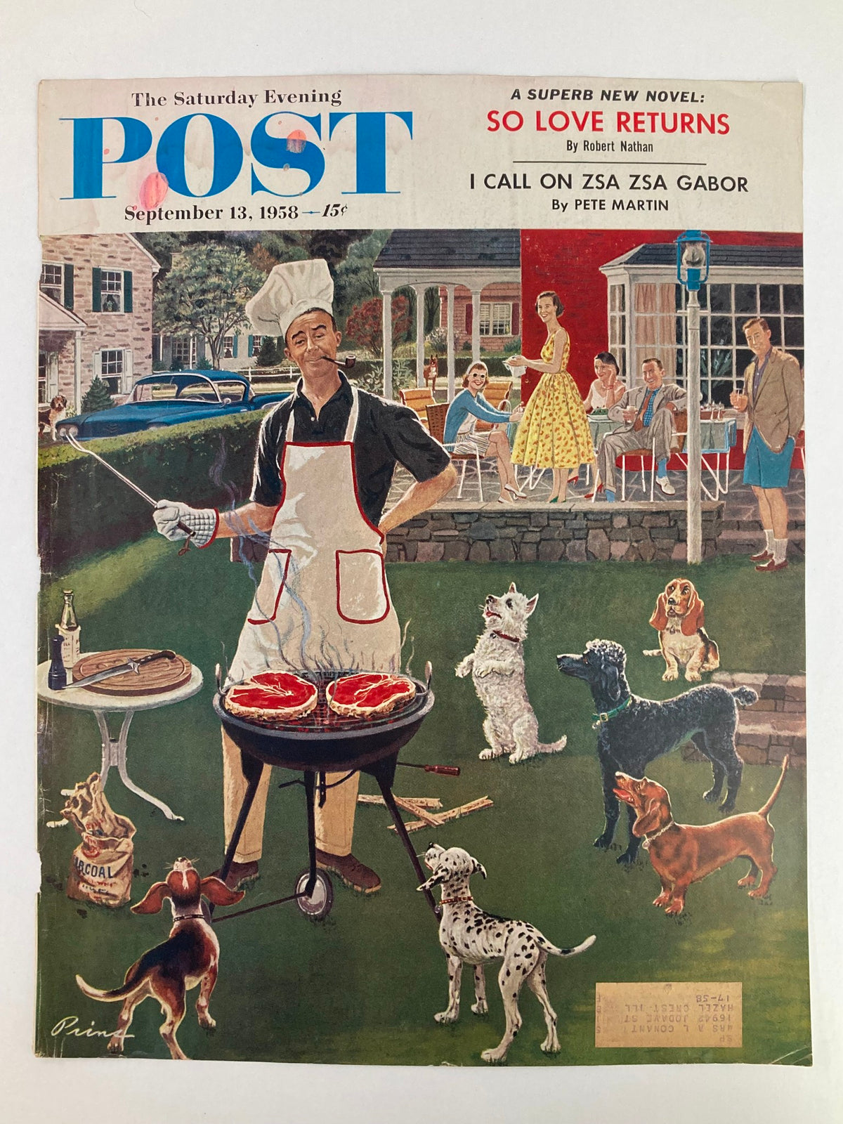 COVER ONLY The Saturday Evening Post September 13 1958 featuring a grill scene with a chef cooking steaks, surrounded by dogs and a family in a backyard setting.