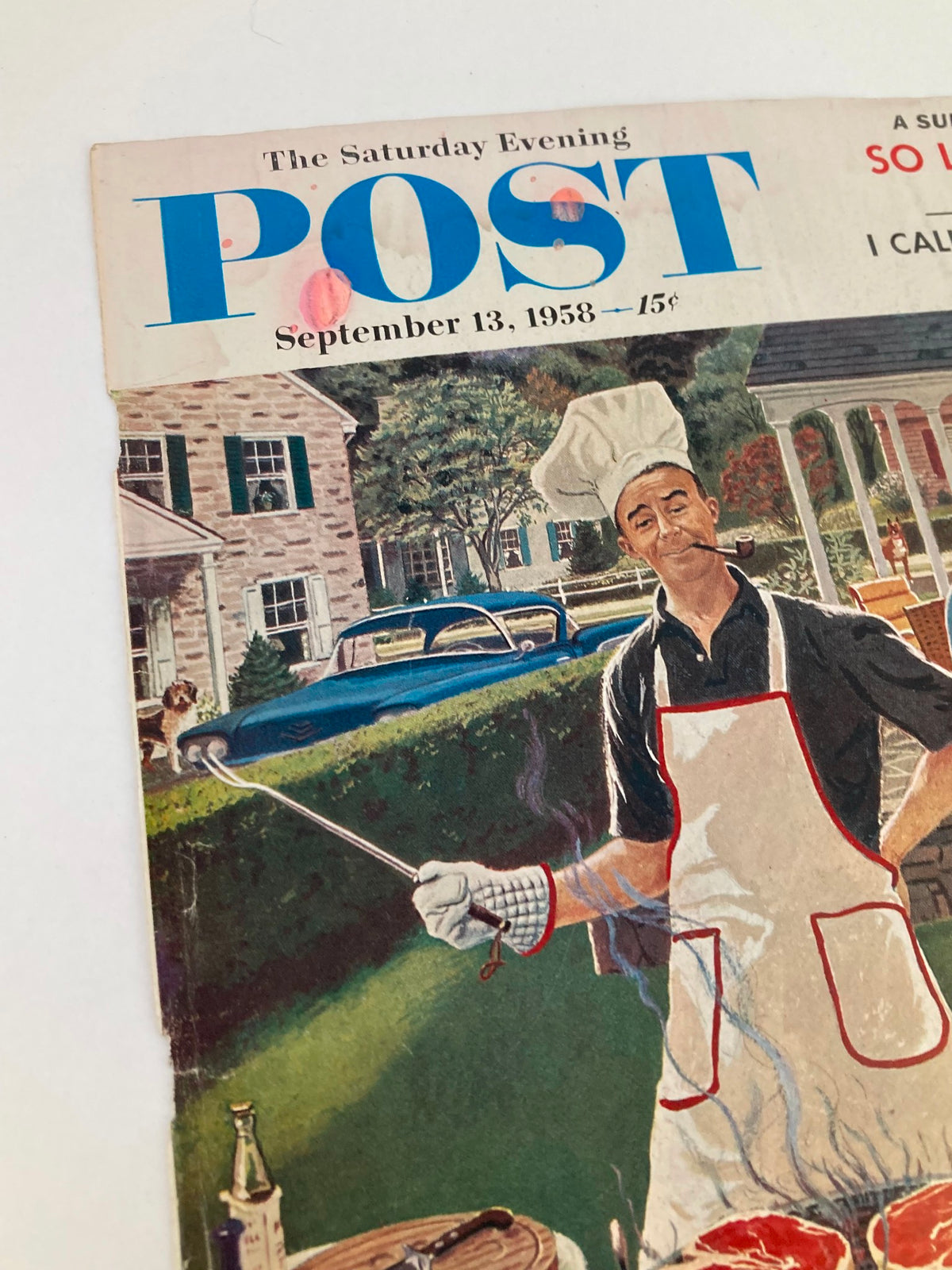 Close-up of the COVER ONLY The Saturday Evening Post September 13 1958, highlighting the chef with a grilling scene, part of a vintage collectible magazine.