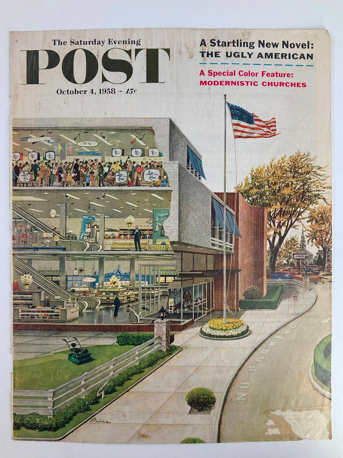 COVER ONLY The Saturday Evening Post October 4 1958 highlighting modernistic churches amidst an animated crowd in a vintage shopping complex, reflecting the artistic trends of the late 1950s.