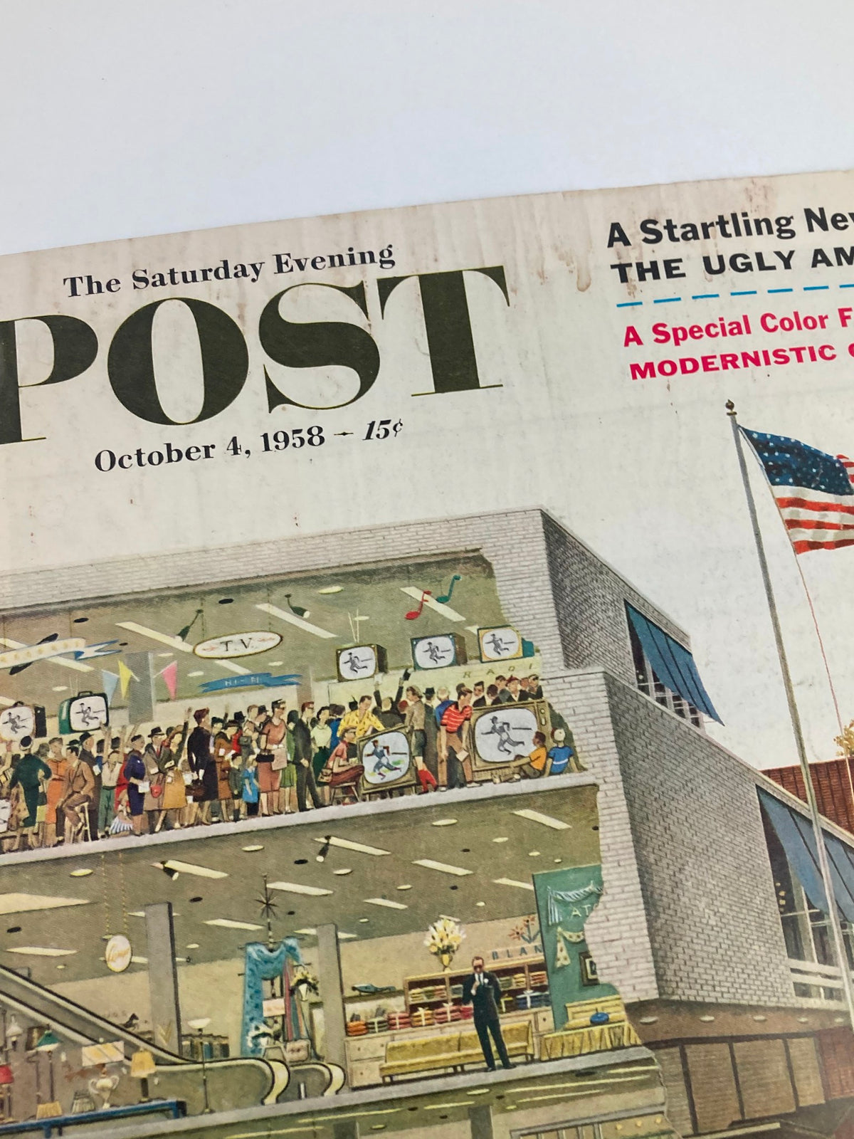 COVER ONLY The Saturday Evening Post October 4 1958 close-up view of the magazine cover, displaying details of modernistic churches and shoppers, emblematic of 1950s culture and design.