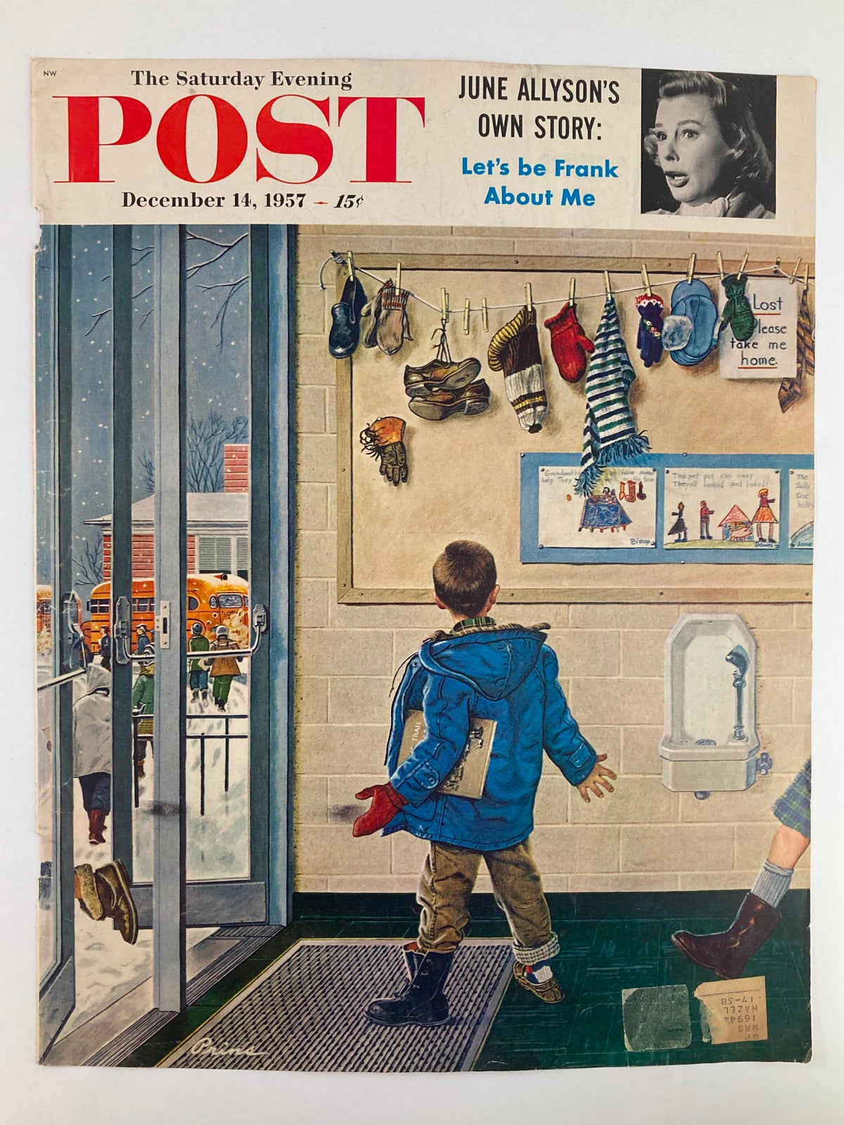 COVER ONLY The Saturday Evening Post December 14 1957 featuring a nostalgic winter scene with a boy entering a school, depicting lost mittens and boots. The cover highlights June Allyson's own story, bringing a classic piece of Hollywood history to collectors.