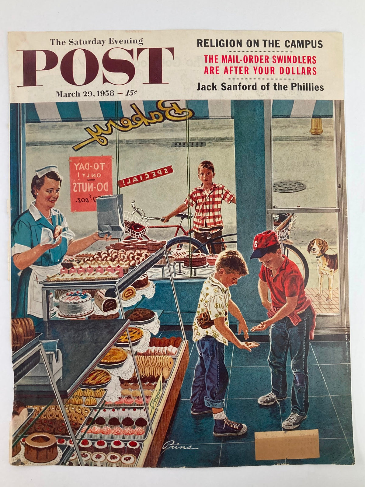 The Saturday Evening Post March 29 1958 cover depicting Jack Sanford of the Phillies, illustrating children interacting in a bakery filled with sweets and a dog in the background.