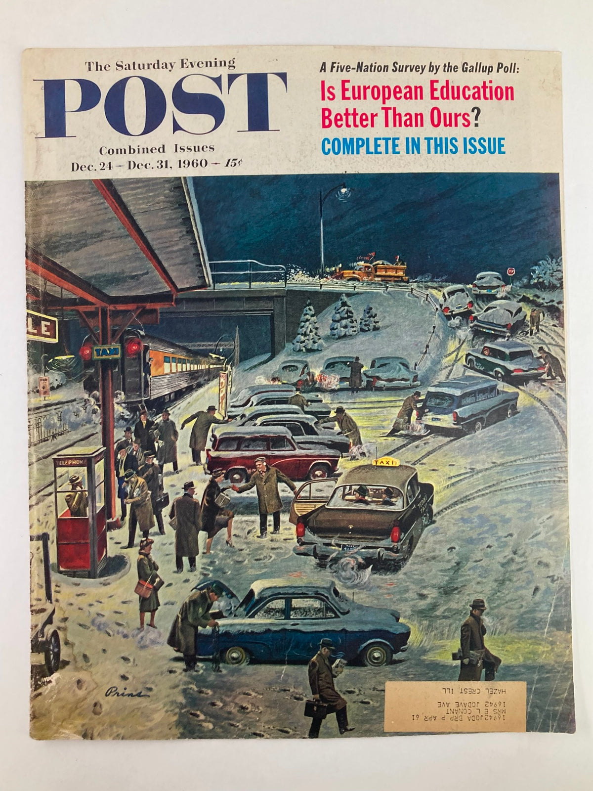 Cover of The Saturday Evening Post December 24 1960 showcasing a winter evening with cars and pedestrians in a bustling street, discussing European education in the issue.