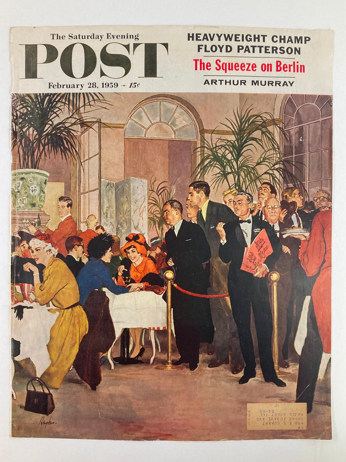 The Saturday Evening Post February 28 1959 cover displaying 'The Squeeze on Berlin' featuring stylish characters in a lively interior setting.