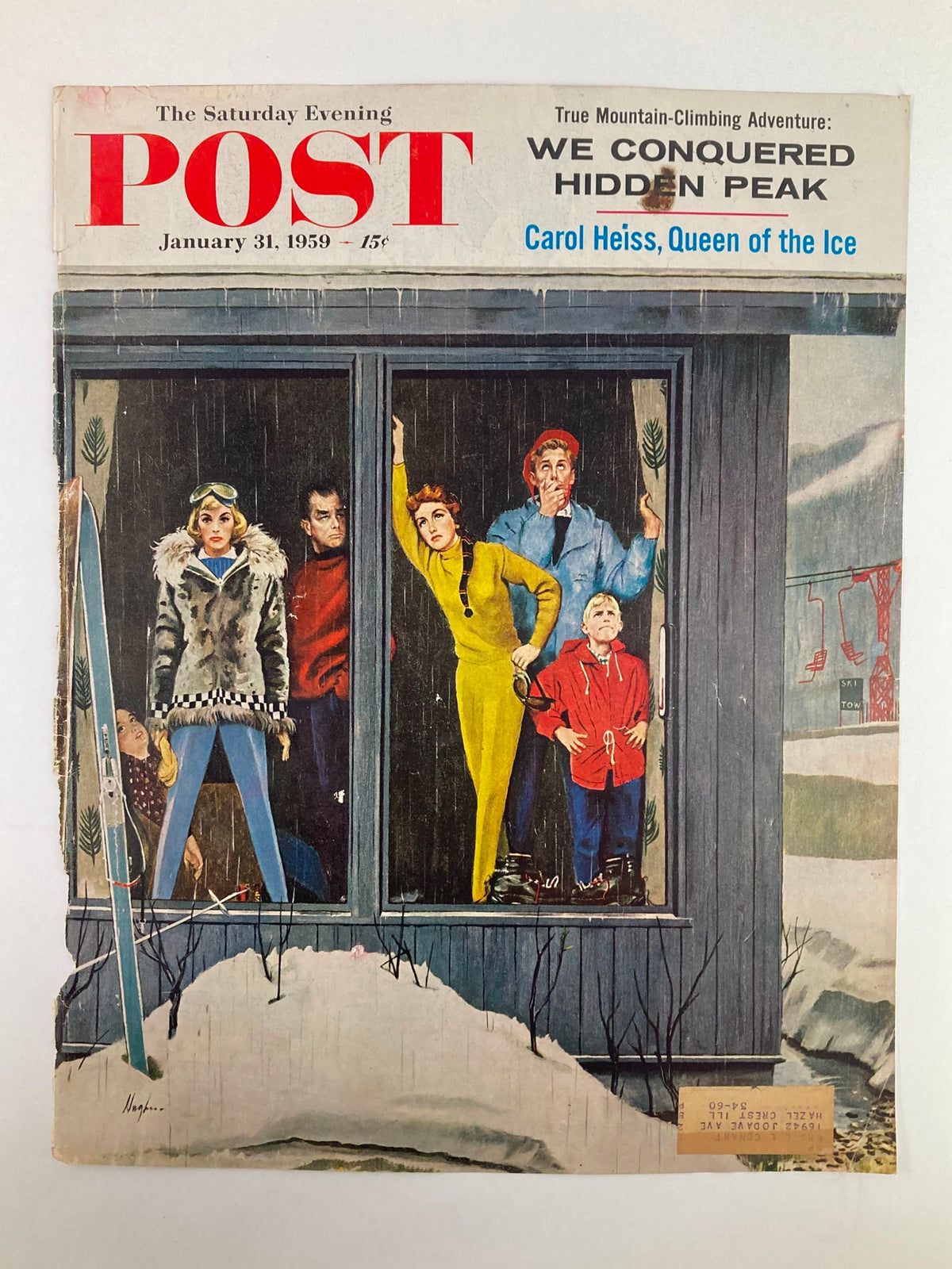 Cover of The Saturday Evening Post from January 31, 1959, featuring Carol Heiss, Queen of Ice, surrounded by a group looking out from a window.