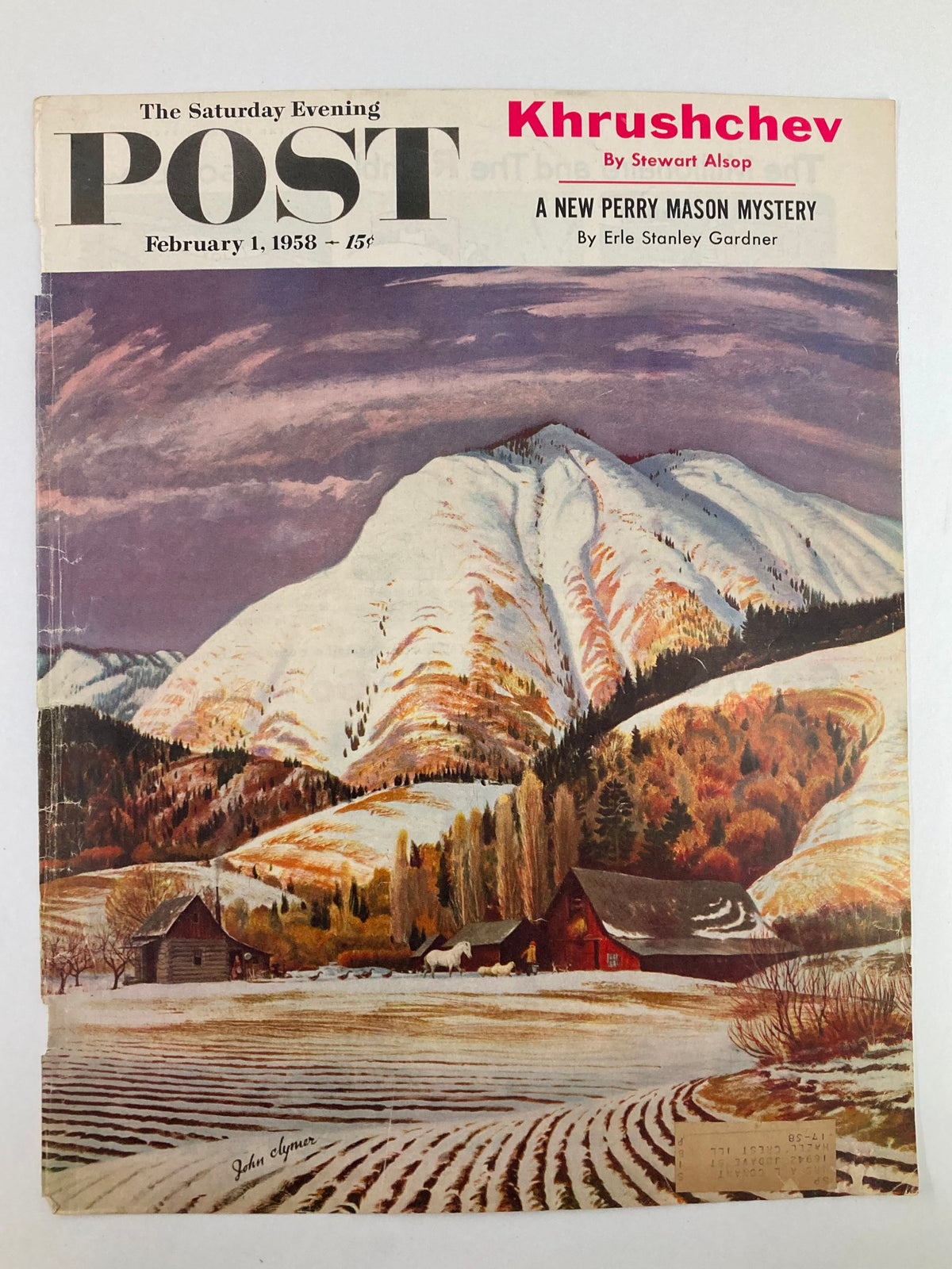 The Saturday Evening Post cover dated February 1, 1958, features Nikita Khrushchev and a serene snowy mountain scene by John Gyger.