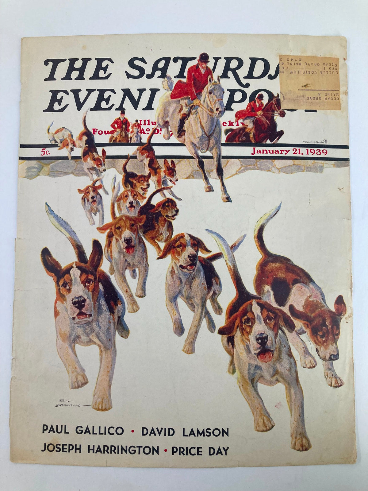Cover of The Saturday Evening Post January 21, 1939, showcasing a dynamic scene with a horse and hounds, illustrated by Joseph Harrington.