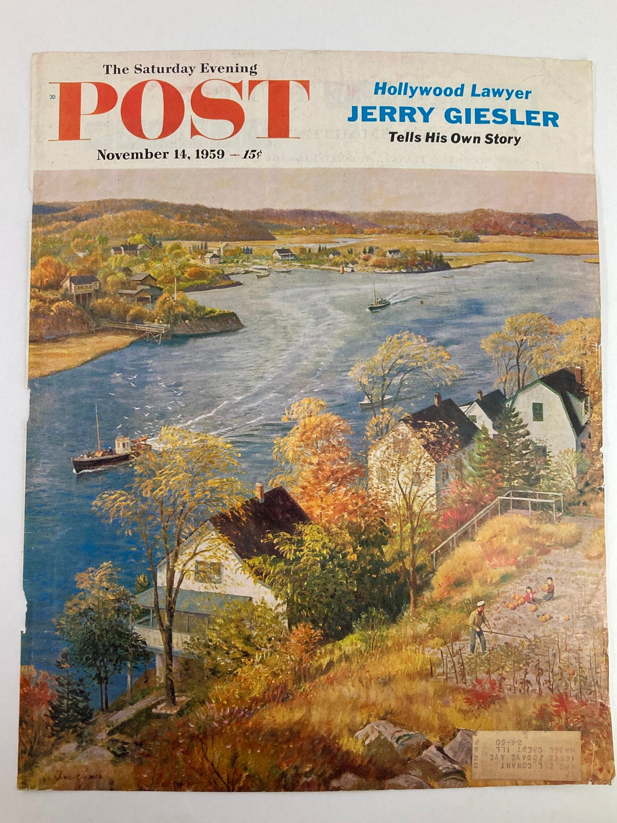 COVER ONLY The Saturday Evening Post November 14 1959 highlighting lawyer Jerry Giesler, depicting a charming autumn landscape by a river with boats and people in the foreground.