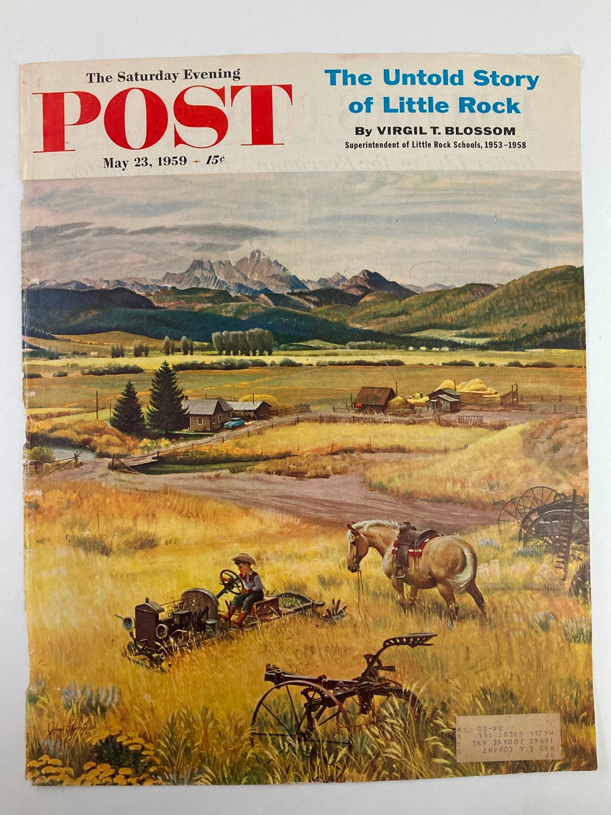 Cover image of The Saturday Evening Post dated May 23, 1959, titled 'The Untold Story of Little Rock,' depicting a rural landscape with a boy on a tractor and a horse, capturing the essence of mid-20th century America.