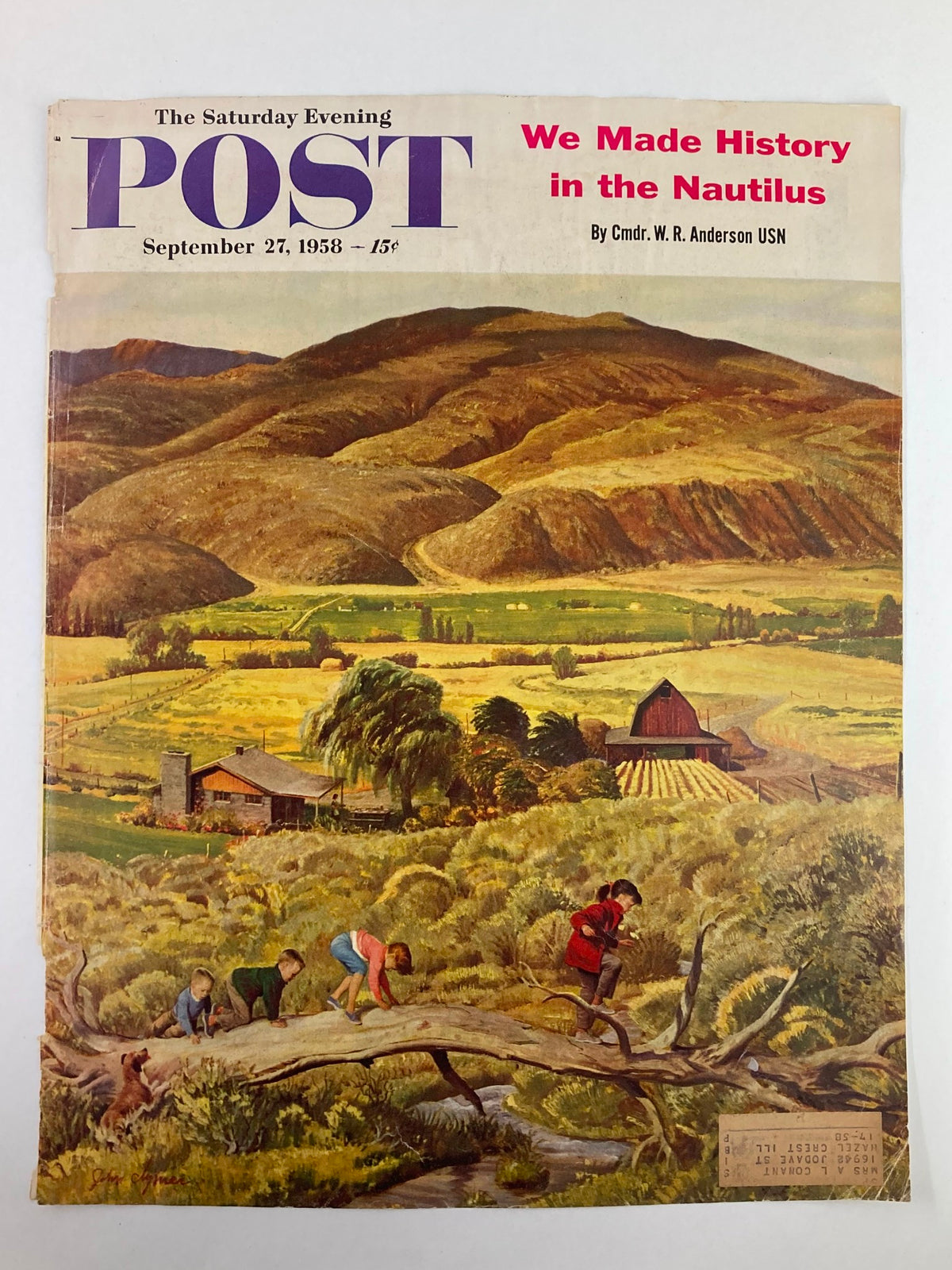 Cover of The Saturday Evening Post, September 27, 1958, titled 'We Made History in the Nautilus.' This vintage magazine cover showcases children exploring nature, depicting a picturesque landscape with hills and a barn.