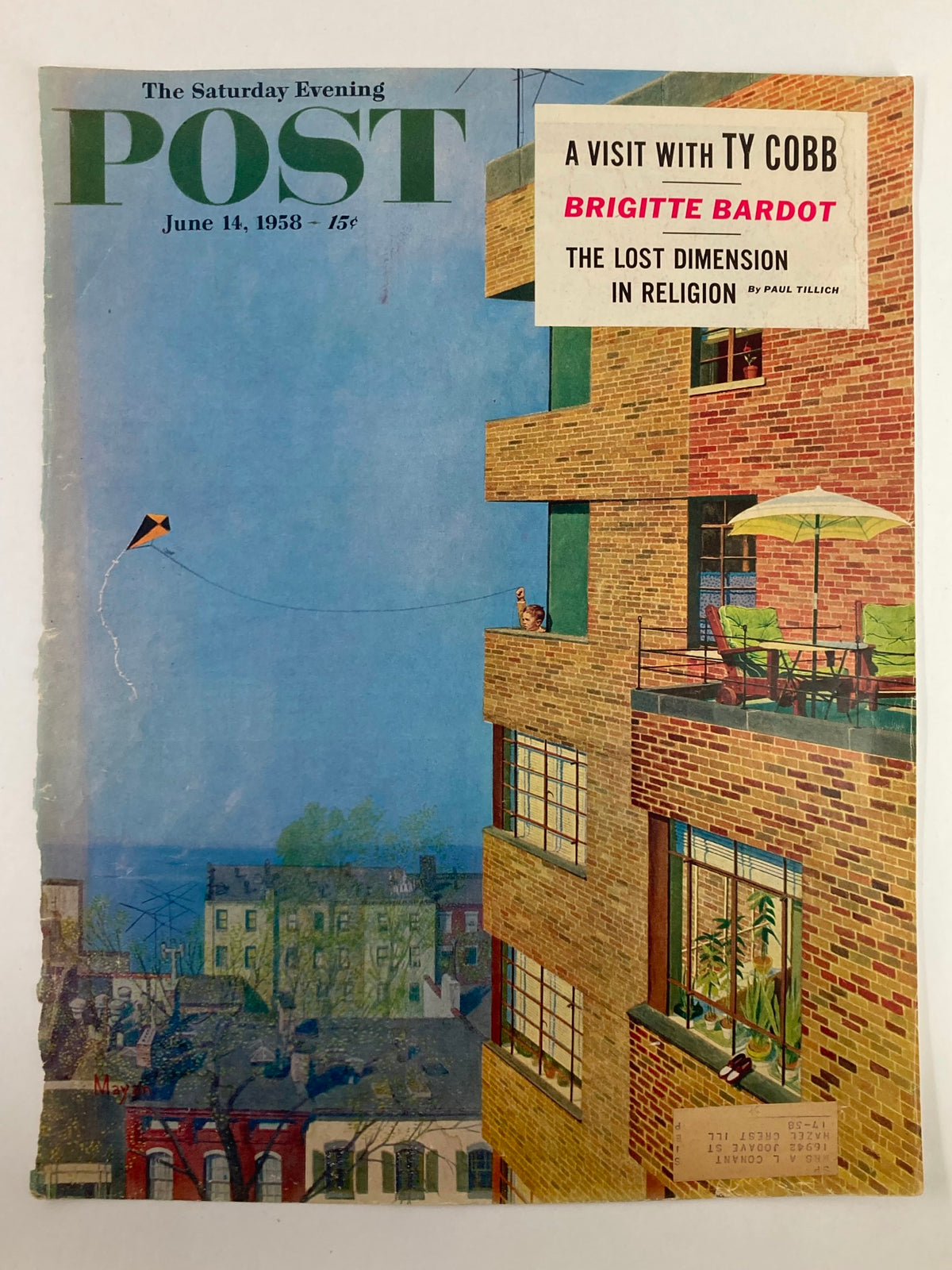 Cover of The Saturday Evening Post from June 14, 1958, featuring the title 'A Visit with Ty Cobb', with a colorful illustration and text highlighting Brigitte Bardot and an article on religion by Paul Tillich.