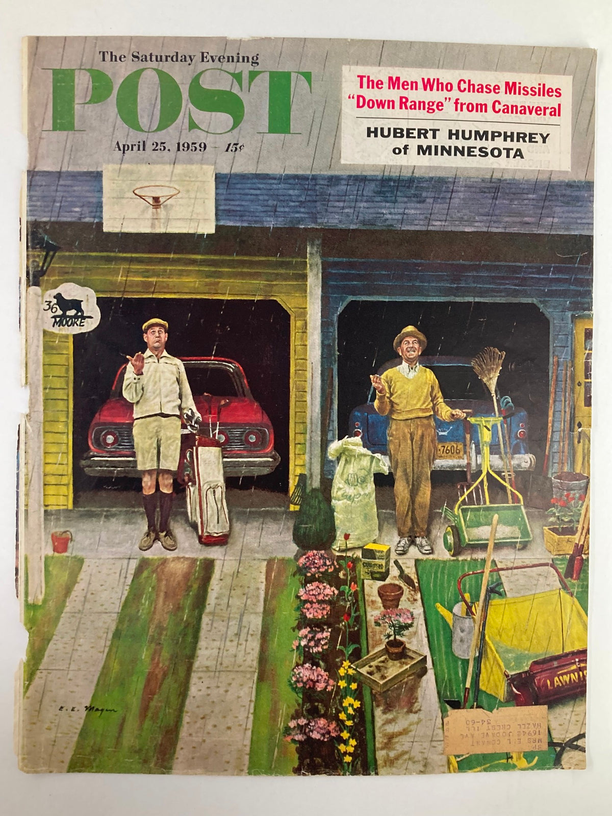 Vintage magazine cover of The Saturday Evening Post from April 25, 1959 featuring Hubert Humphrey of Minnesota. The cover illustrates two men in a rainy setting next to a red car with gardening supplies and flowers.