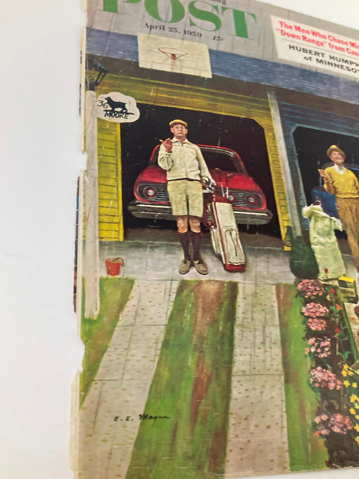 Close-up of The Saturday Evening Post cover from April 25, 1959, focusing on Hubert Humphrey of Minnesota. The image captures one man holding golf clubs in the rain, surrounded by gardening tools.