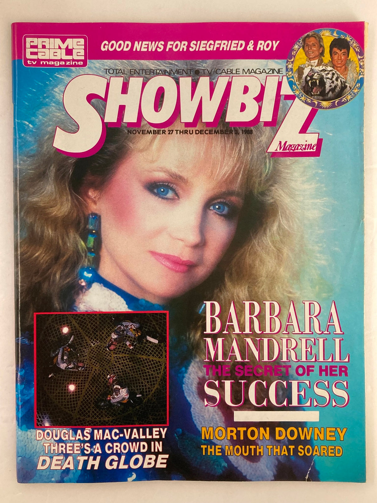 Cover of VTG Showbiz Magazine from November 27, 1988, featuring Barbara Mandrell and Morton Downey with the headline 'The Secret of Her Success'. A vibrant design showcasing 80s pop culture.